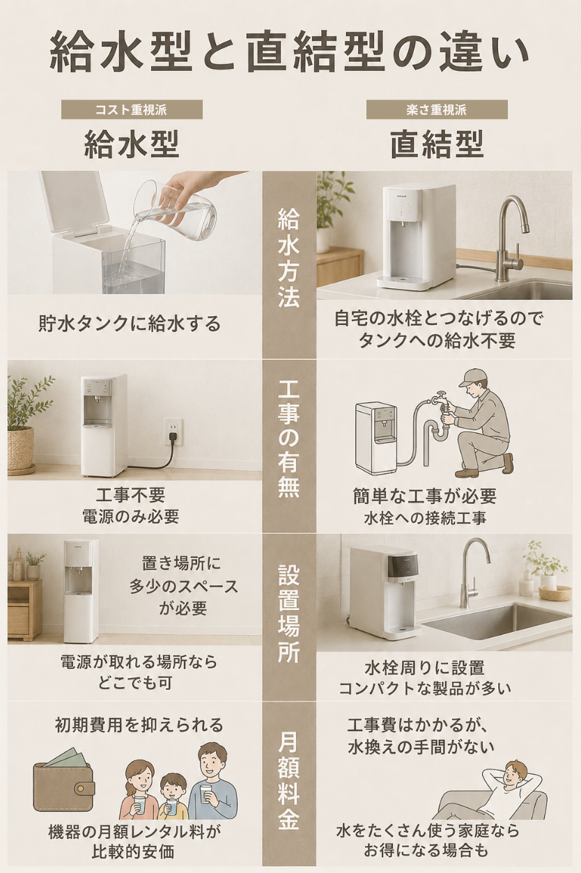 給水型と直結型の違い(給水方法・工事の有無・設置場所・月額料金の比較)